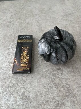Black Marble Glass Pumpkin Accent with fair light to light up inside the pumpkin